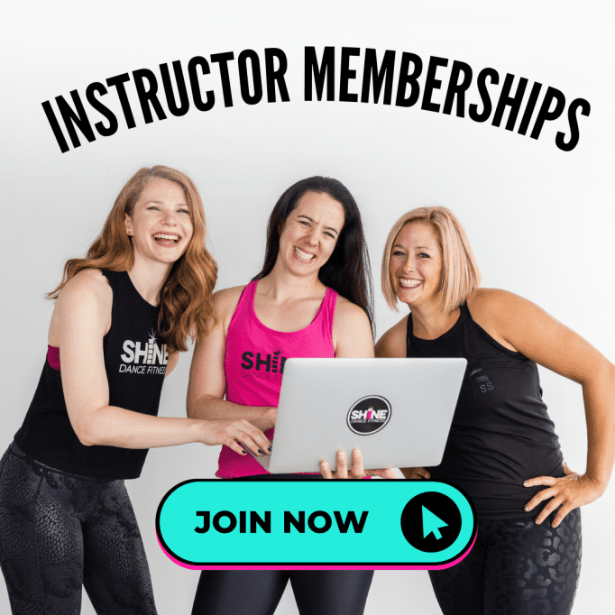 Three women in workout attire smile while looking at a laptop. Text above reads "Instructor Subscriptions." A button below says "Join Now" with a click icon.