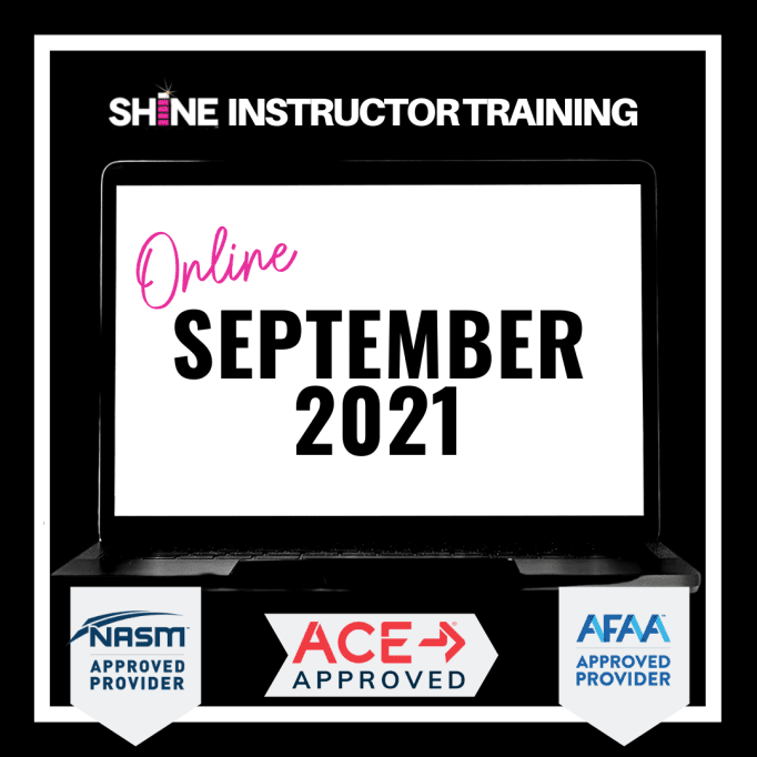A promotional image for November 2021 Online Instructor Training showing "Online November 2021" on a laptop screen. Logos for NASM, ACE, and AFAA approved providers are displayed below.