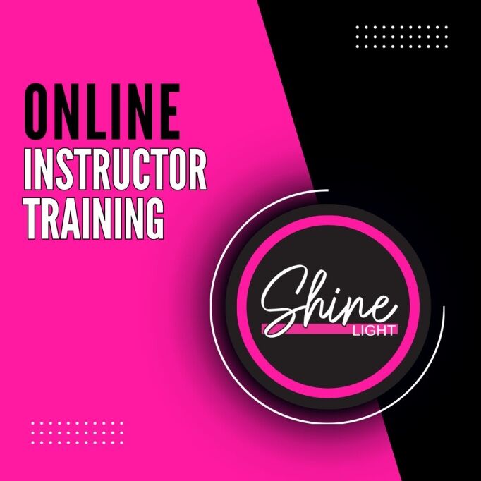 A graphic with a black and pink background promoting "Shine Light Instructor Training." A circular logo with "Shine Light" is featured on the right side.