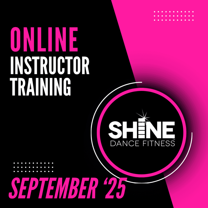 Graphic promoting January 2024 Online Uplift Instructor Training. The design features bold pink and black colors with the SHINE Dance Fitness logo in the center.