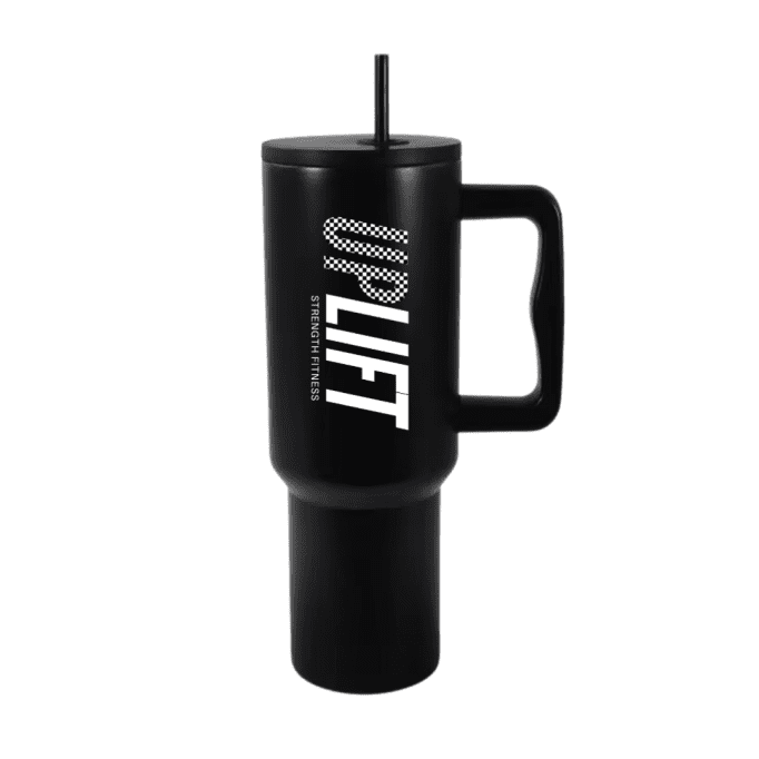 UPLIFT Jumbo Tumbler in black, featuring a large handle and straw lid, with the text "LIFT Strength Fitness" in white.